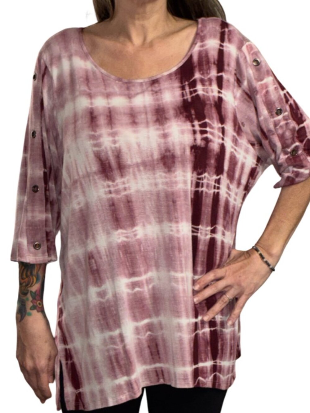 Sz.3X*B.L.E.U.*Burgundy/Pink/White Tie-Dyed-Print Tunic--3/4 Sleeves